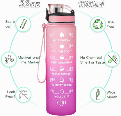 Water Bottle, Leakproof BPA & Toxic Free, Motivational Water Bottle with Times to Drink and Straw, Fitness Sports Water Bottle with Strap for Office, Gym, Outdoor Sports