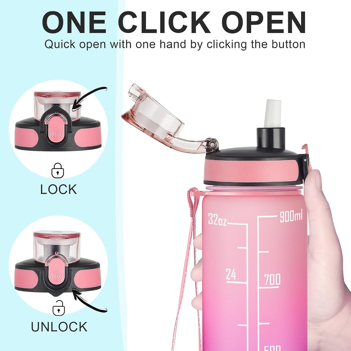 Water Bottle, Leakproof BPA & Toxic Free, Motivational Water Bottle with Times to Drink and Straw, Fitness Sports Water Bottle with Strap for Office, Gym, Outdoor Sports