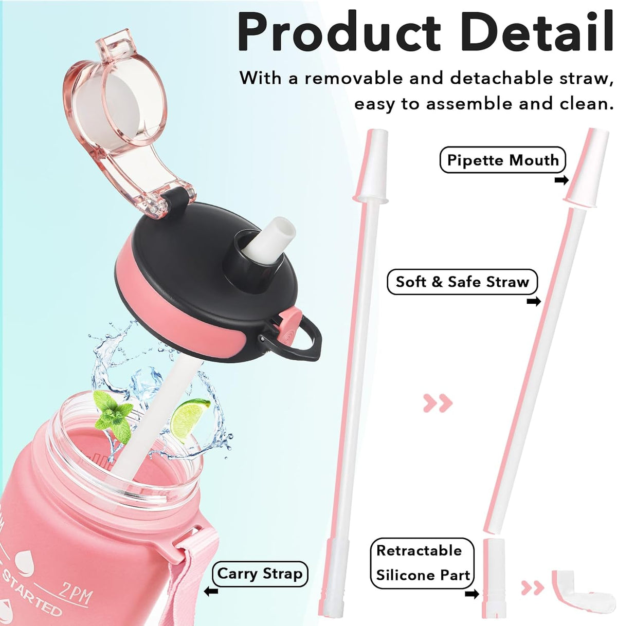 Water Bottle, Leakproof BPA & Toxic Free, Motivational Water Bottle with Times to Drink and Straw, Fitness Sports Water Bottle with Strap for Office, Gym, Outdoor Sports