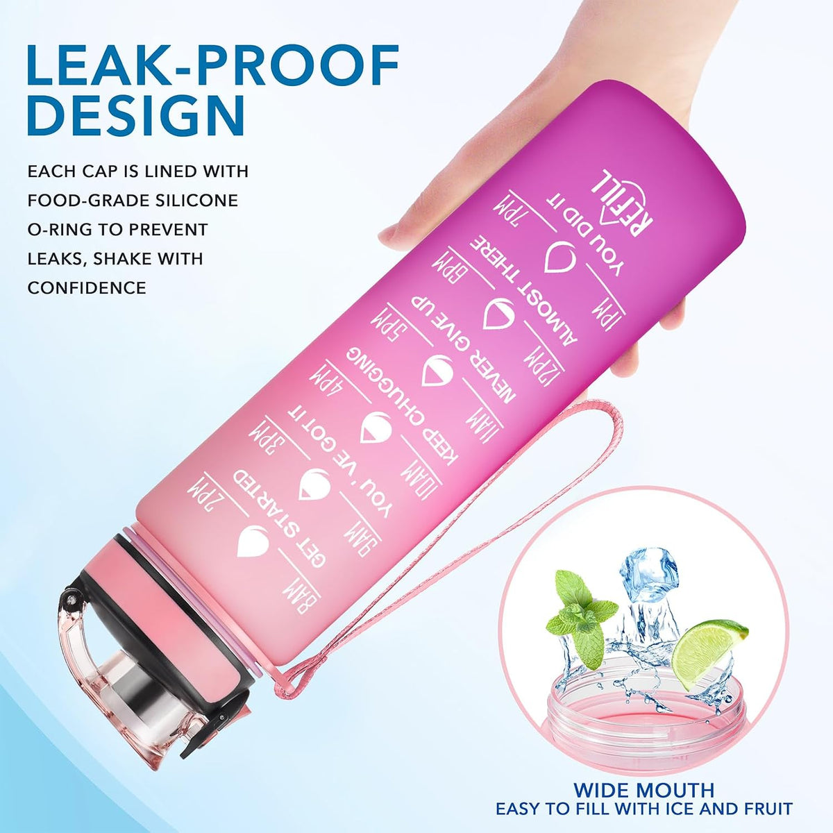 Water Bottle, Leakproof BPA & Toxic Free, Motivational Water Bottle with Times to Drink and Straw, Fitness Sports Water Bottle with Strap for Office, Gym, Outdoor Sports