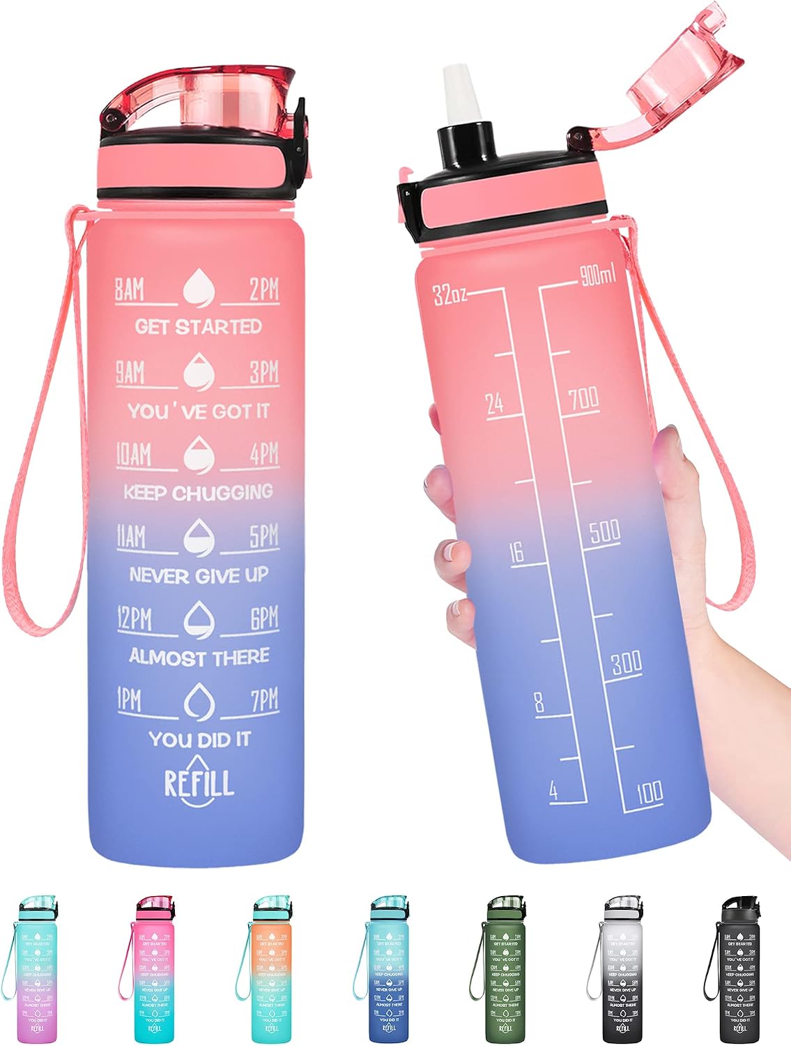 Water Bottle, Leakproof BPA & Toxic Free, Motivational Water Bottle with Times to Drink and Straw, Fitness Sports Water Bottle with Strap for Office, Gym, Outdoor Sports