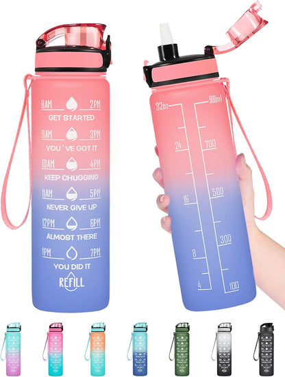 Water Bottle, Leakproof BPA & Toxic Free, Motivational Water Bottle with Times to Drink and Straw, Fitness Sports Water Bottle with Strap for Office, Gym, Outdoor Sports