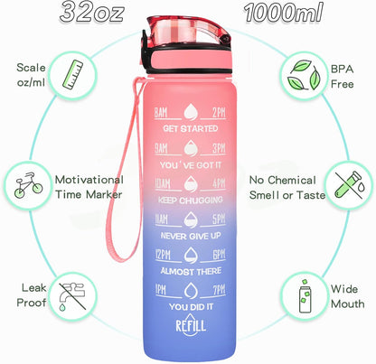 Water Bottle, Leakproof BPA & Toxic Free, Motivational Water Bottle with Times to Drink and Straw, Fitness Sports Water Bottle with Strap for Office, Gym, Outdoor Sports