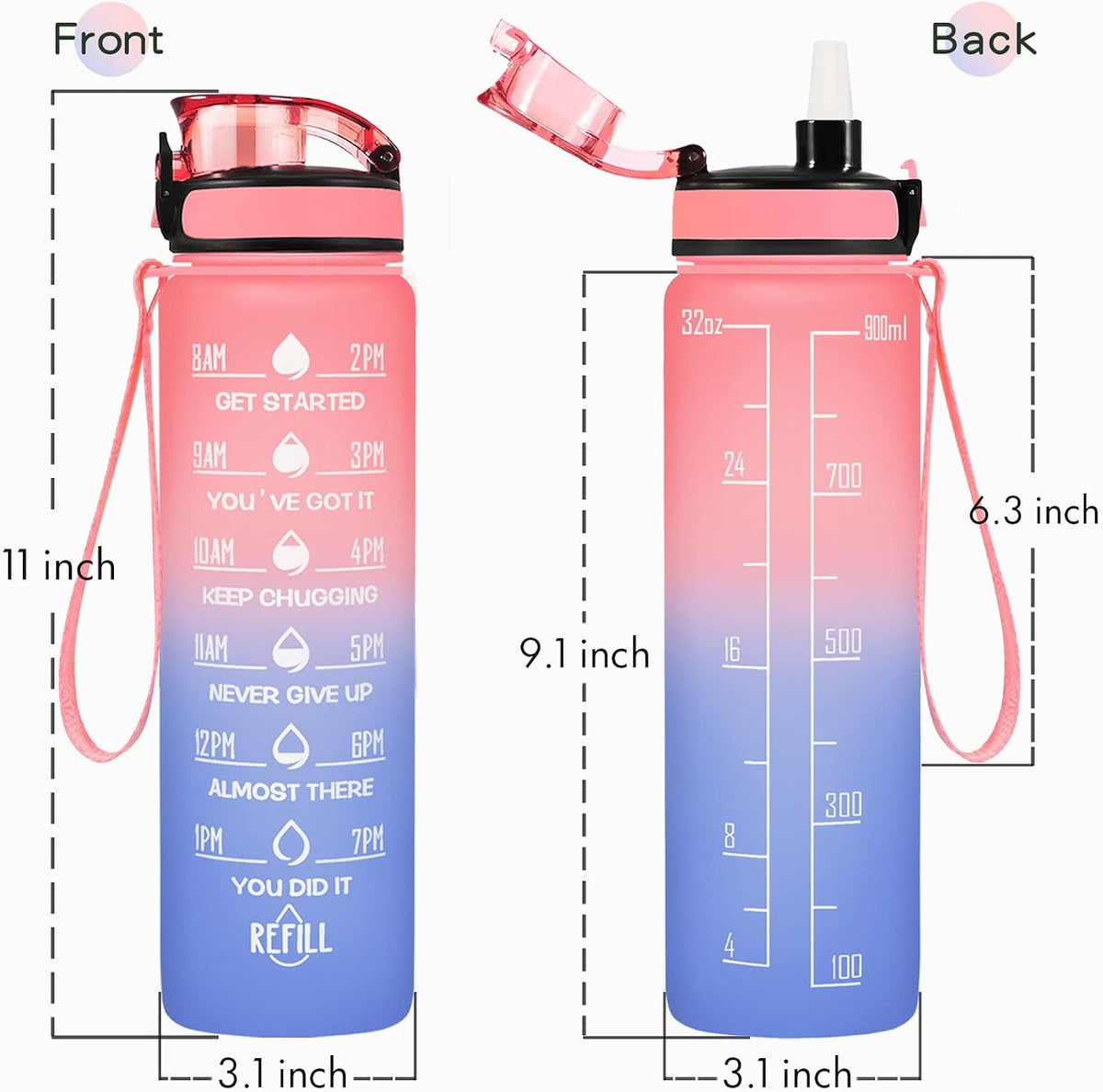 Water Bottle, Leakproof BPA & Toxic Free, Motivational Water Bottle with Times to Drink and Straw, Fitness Sports Water Bottle with Strap for Office, Gym, Outdoor Sports
