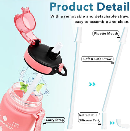 Water Bottle, Leakproof BPA & Toxic Free, Motivational Water Bottle with Times to Drink and Straw, Fitness Sports Water Bottle with Strap for Office, Gym, Outdoor Sports