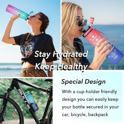 Water Bottle, Leakproof BPA & Toxic Free, Motivational Water Bottle with Times to Drink and Straw, Fitness Sports Water Bottle with Strap for Office, Gym, Outdoor Sports