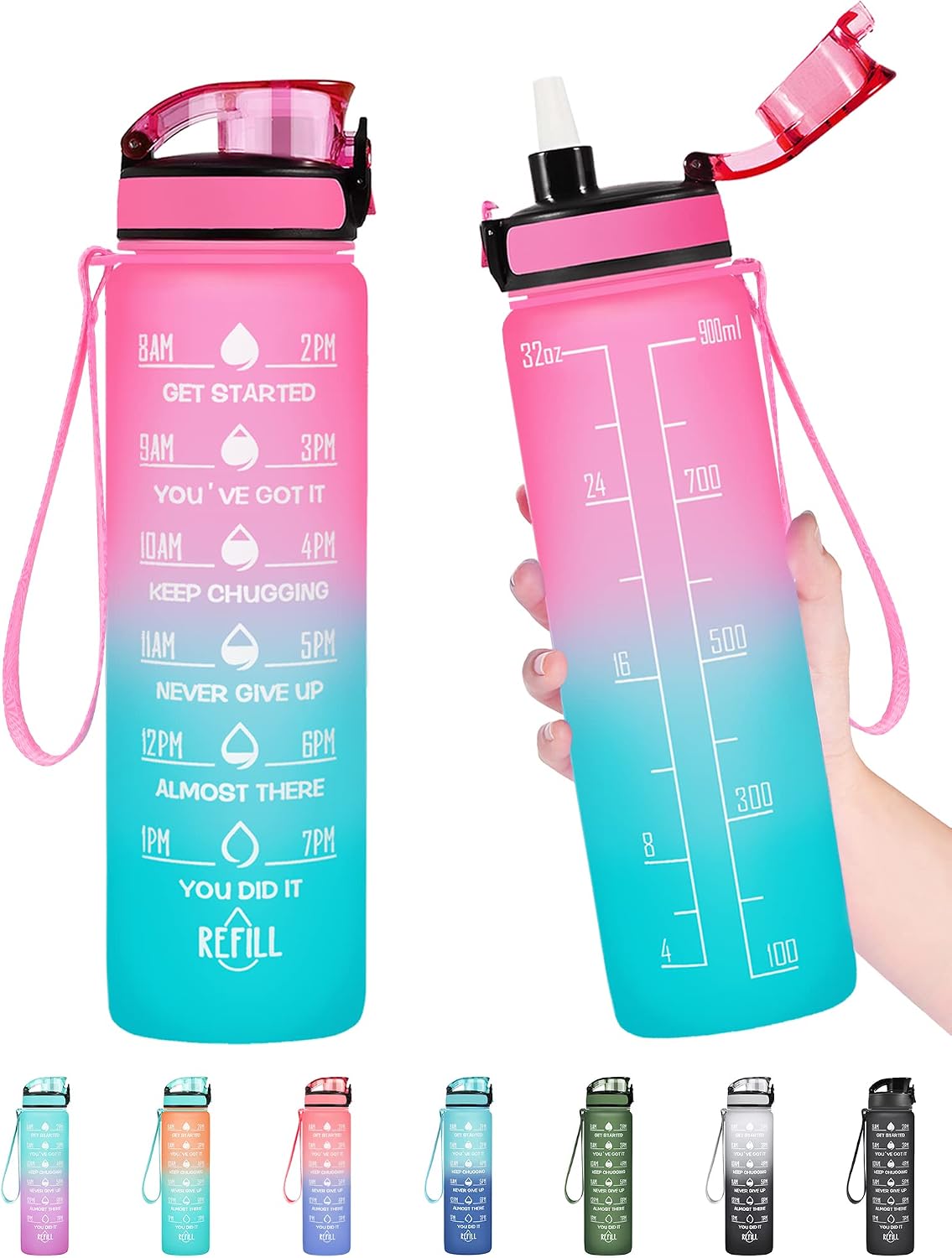 Water Bottle, Leakproof BPA & Toxic Free, Motivational Water Bottle with Times to Drink and Straw, Fitness Sports Water Bottle with Strap for Office, Gym, Outdoor Sports