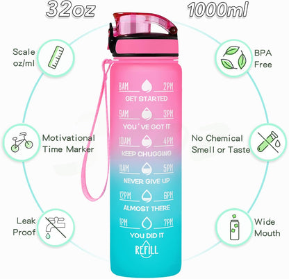 Water Bottle, Leakproof BPA & Toxic Free, Motivational Water Bottle with Times to Drink and Straw, Fitness Sports Water Bottle with Strap for Office, Gym, Outdoor Sports