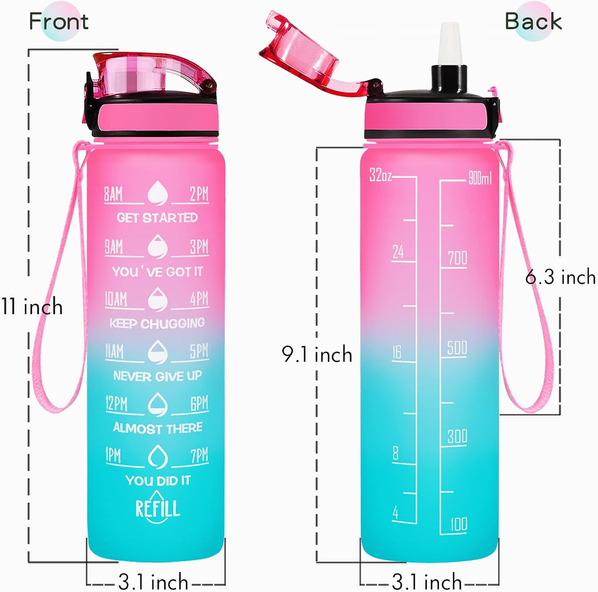 Water Bottle, Leakproof BPA & Toxic Free, Motivational Water Bottle with Times to Drink and Straw, Fitness Sports Water Bottle with Strap for Office, Gym, Outdoor Sports