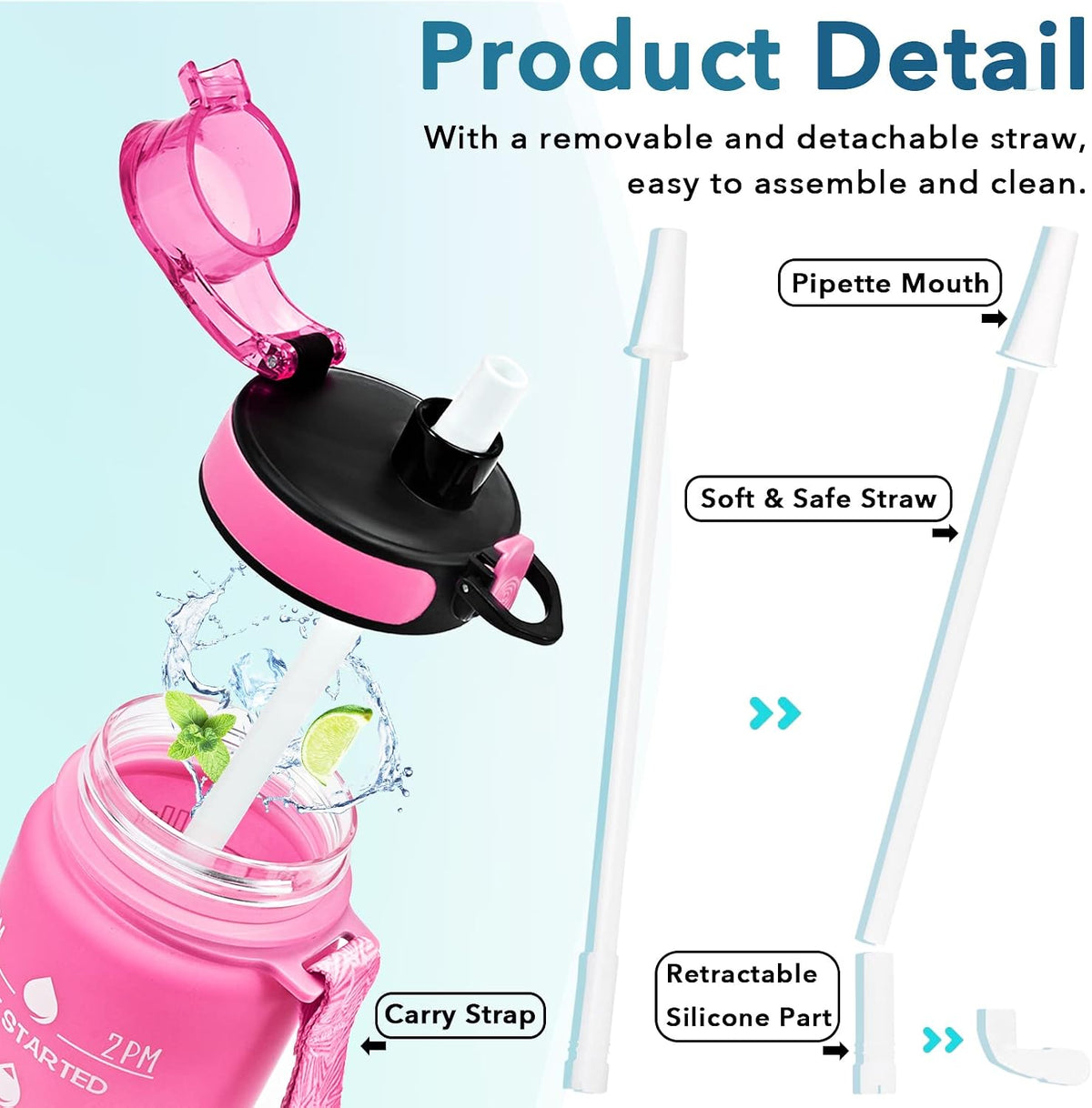 Water Bottle, Leakproof BPA & Toxic Free, Motivational Water Bottle with Times to Drink and Straw, Fitness Sports Water Bottle with Strap for Office, Gym, Outdoor Sports