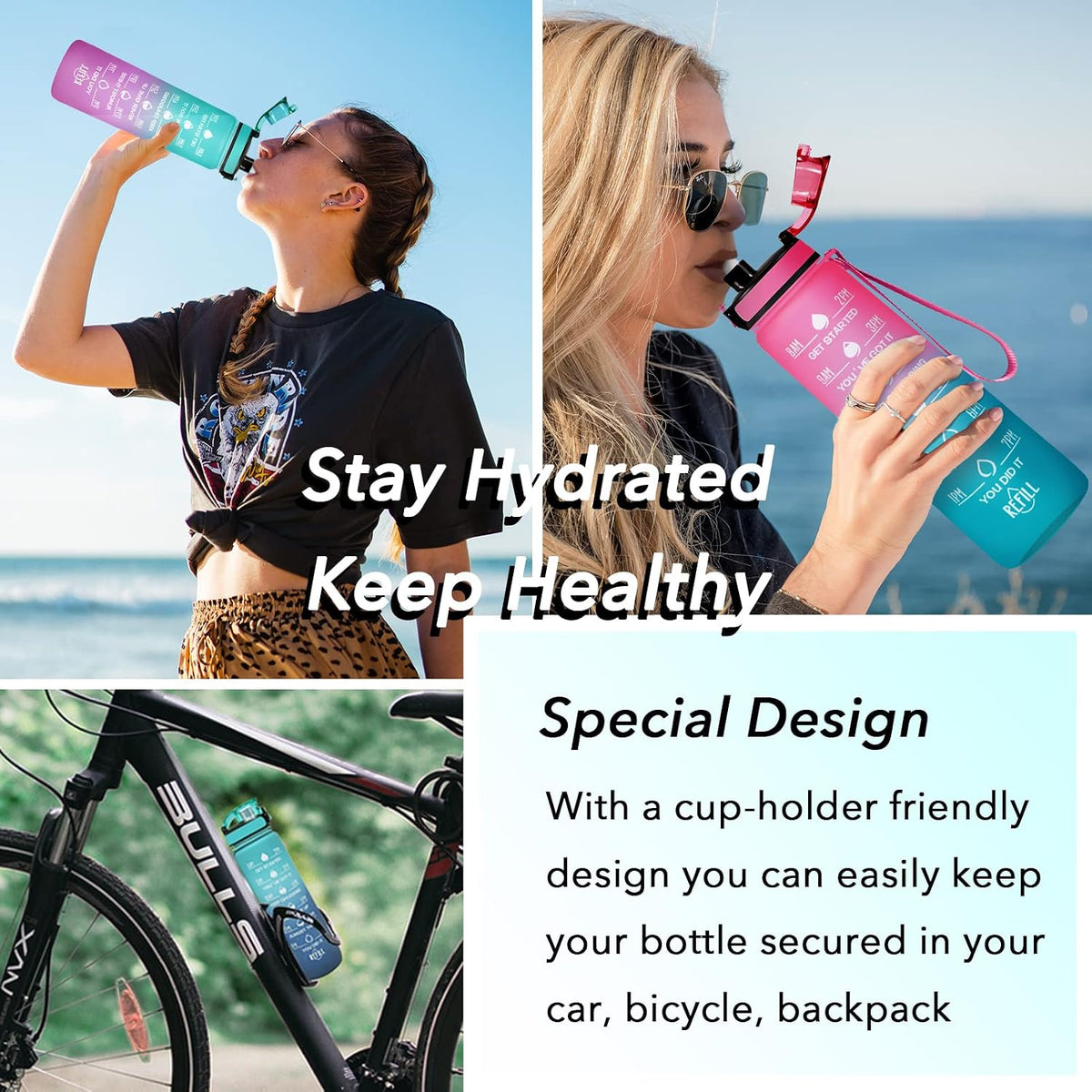 Water Bottle, Leakproof BPA & Toxic Free, Motivational Water Bottle with Times to Drink and Straw, Fitness Sports Water Bottle with Strap for Office, Gym, Outdoor Sports