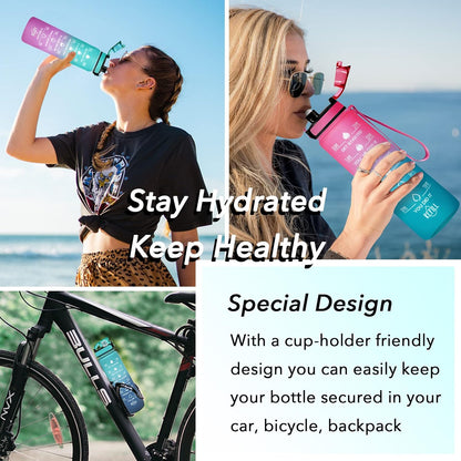 Water Bottle, Leakproof BPA & Toxic Free, Motivational Water Bottle with Times to Drink and Straw, Fitness Sports Water Bottle with Strap for Office, Gym, Outdoor Sports