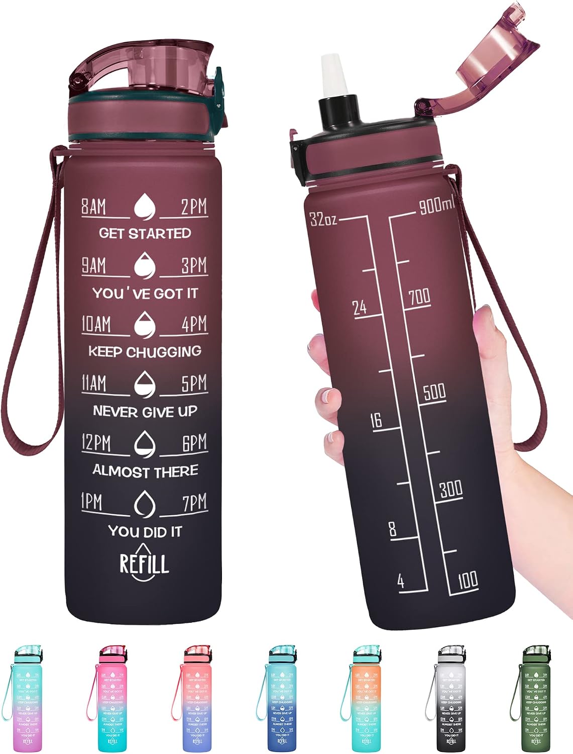 Water Bottle, Leakproof BPA & Toxic Free, Motivational Water Bottle with Times to Drink and Straw, Fitness Sports Water Bottle with Strap for Office, Gym, Outdoor Sports