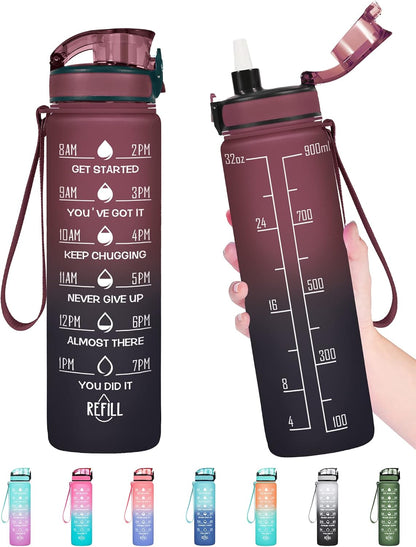 Water Bottle, Leakproof BPA & Toxic Free, Motivational Water Bottle with Times to Drink and Straw, Fitness Sports Water Bottle with Strap for Office, Gym, Outdoor Sports