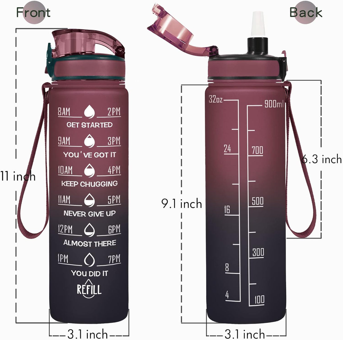 Water Bottle, Leakproof BPA & Toxic Free, Motivational Water Bottle with Times to Drink and Straw, Fitness Sports Water Bottle with Strap for Office, Gym, Outdoor Sports