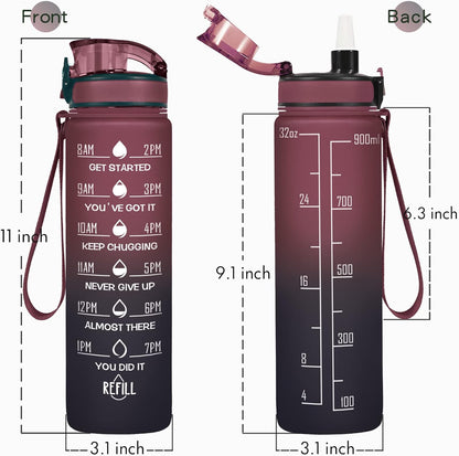 Water Bottle, Leakproof BPA & Toxic Free, Motivational Water Bottle with Times to Drink and Straw, Fitness Sports Water Bottle with Strap for Office, Gym, Outdoor Sports
