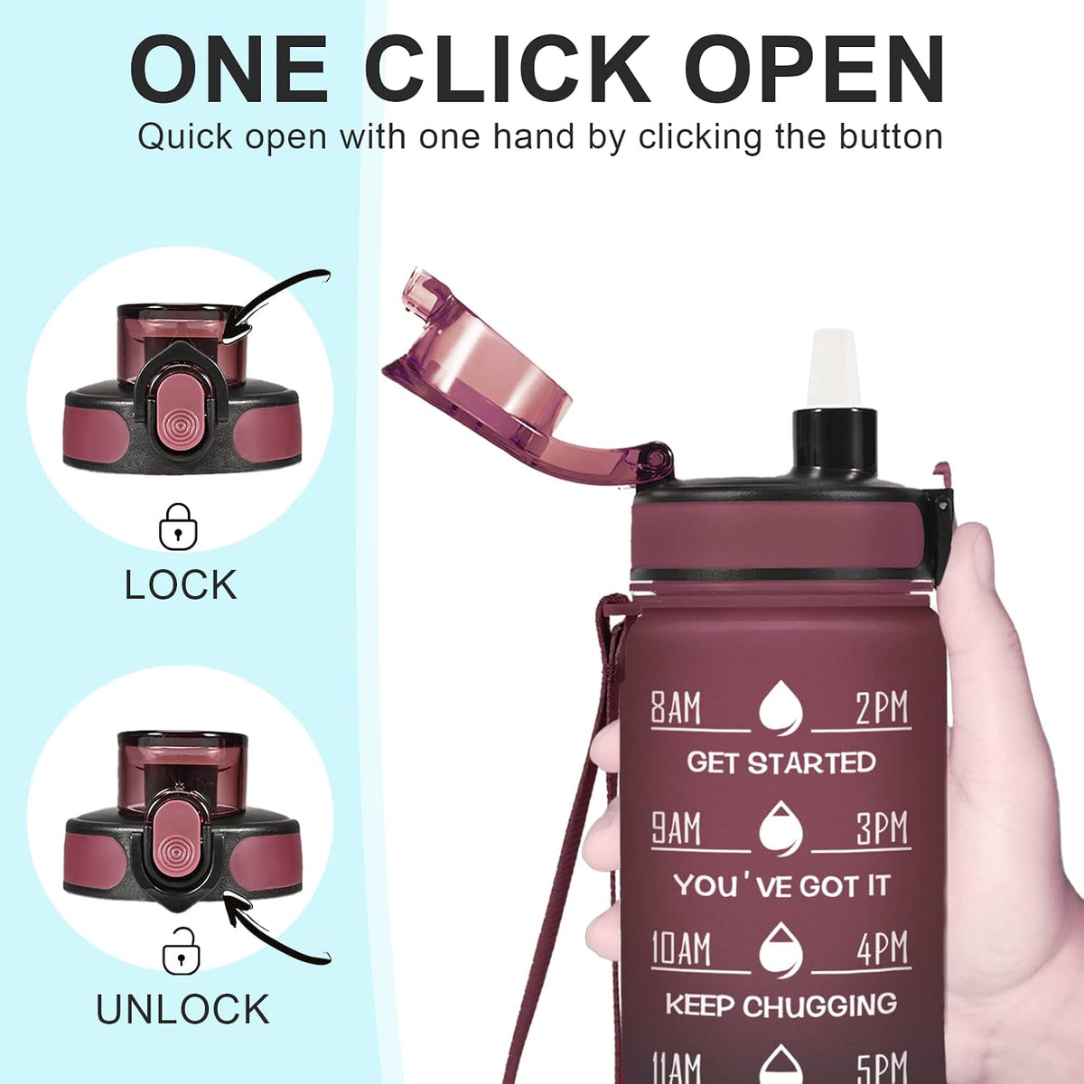 Water Bottle, Leakproof BPA & Toxic Free, Motivational Water Bottle with Times to Drink and Straw, Fitness Sports Water Bottle with Strap for Office, Gym, Outdoor Sports