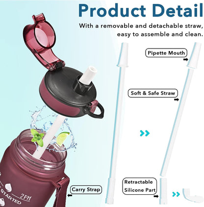 Water Bottle, Leakproof BPA & Toxic Free, Motivational Water Bottle with Times to Drink and Straw, Fitness Sports Water Bottle with Strap for Office, Gym, Outdoor Sports