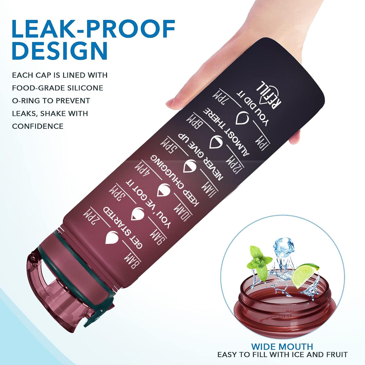 Water Bottle, Leakproof BPA & Toxic Free, Motivational Water Bottle with Times to Drink and Straw, Fitness Sports Water Bottle with Strap for Office, Gym, Outdoor Sports