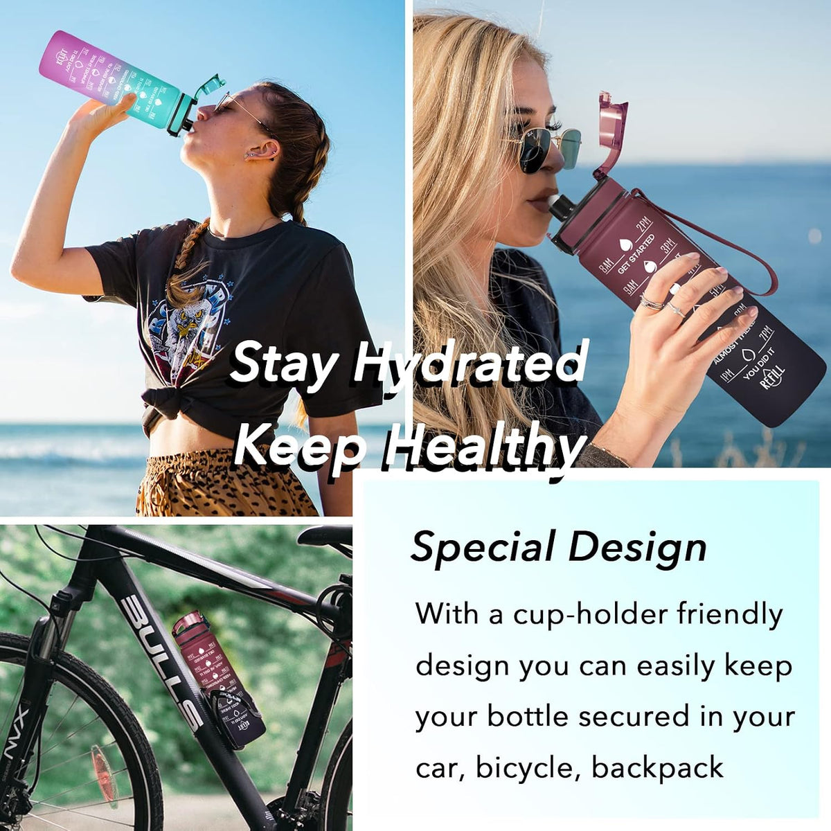 Water Bottle, Leakproof BPA & Toxic Free, Motivational Water Bottle with Times to Drink and Straw, Fitness Sports Water Bottle with Strap for Office, Gym, Outdoor Sports