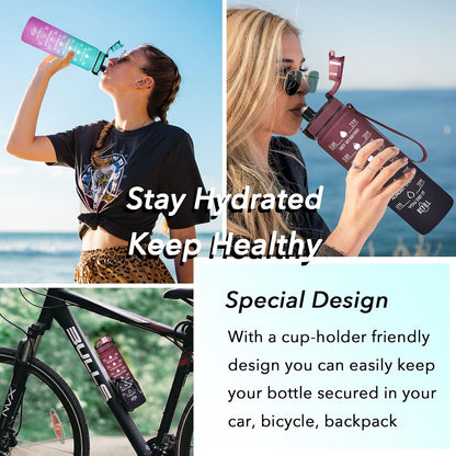 Water Bottle, Leakproof BPA & Toxic Free, Motivational Water Bottle with Times to Drink and Straw, Fitness Sports Water Bottle with Strap for Office, Gym, Outdoor Sports
