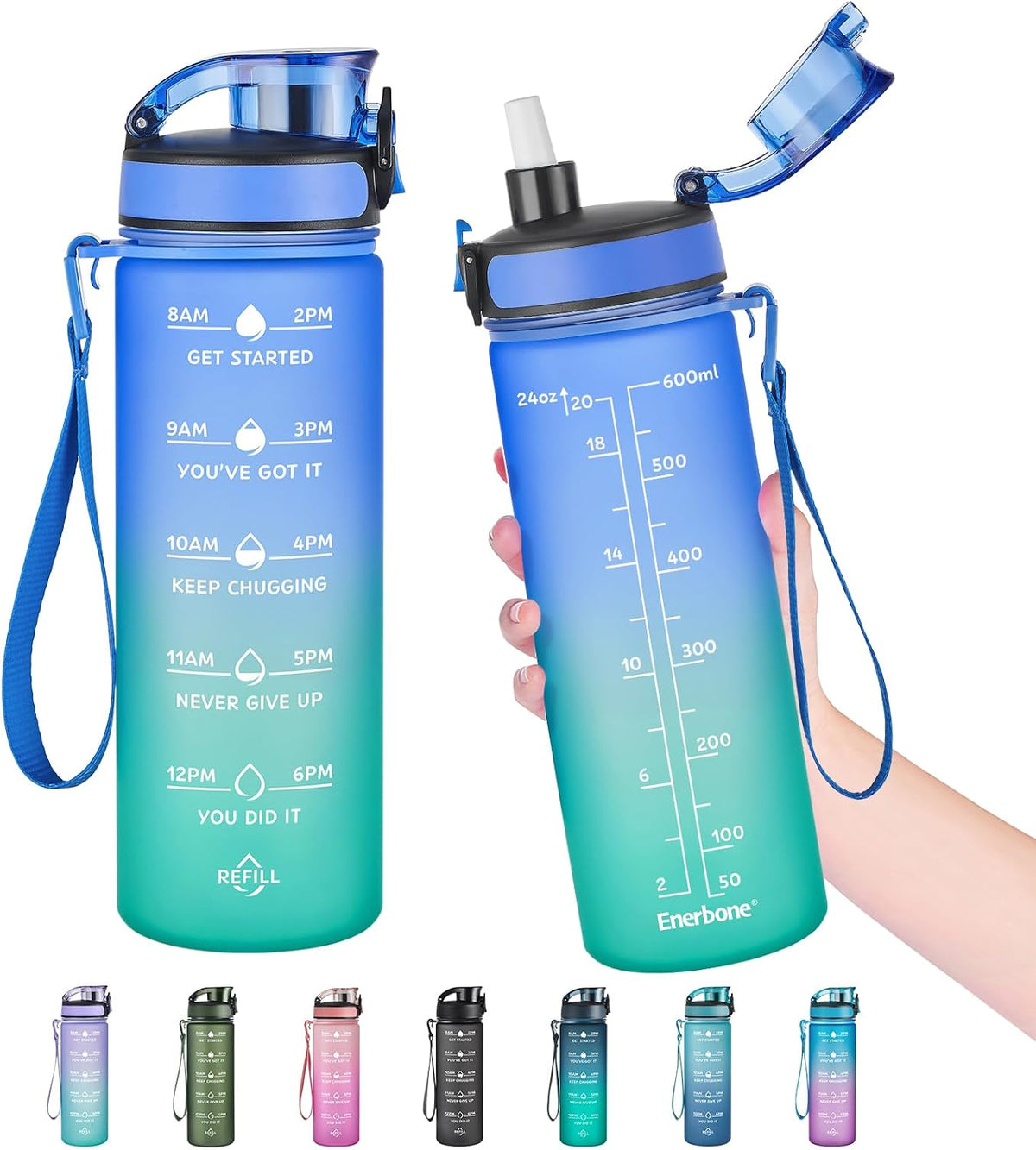Water Bottle, Leakproof BPA & Toxic Free, Motivational Water Bottle with Times to Drink and Straw, Fitness Sports Water Bottle with Strap for Office, Gym, Outdoor Sports