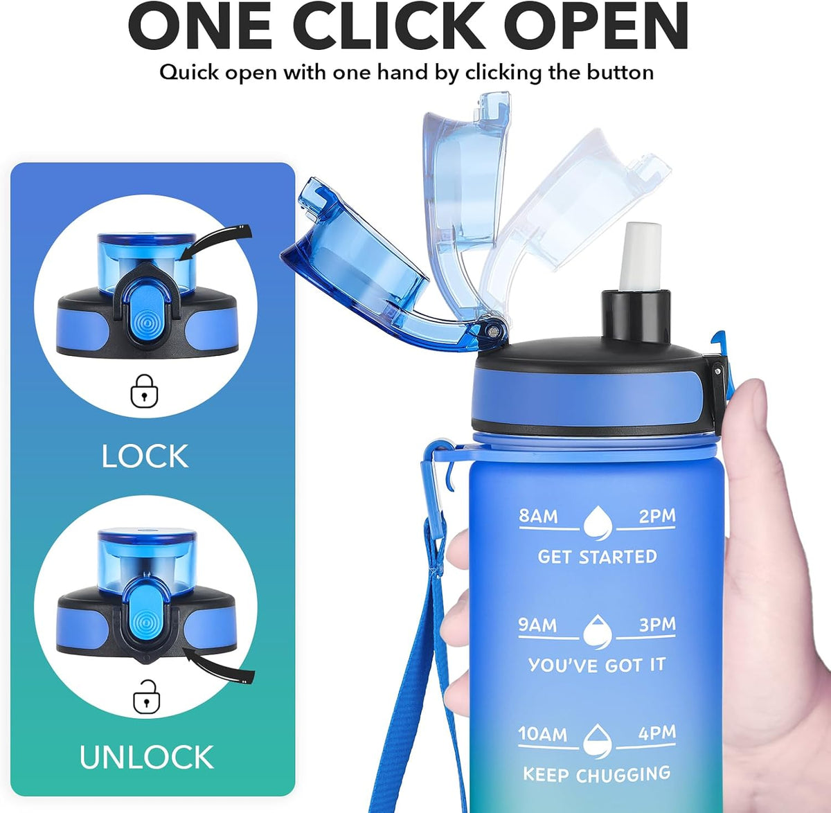 Water Bottle, Leakproof BPA & Toxic Free, Motivational Water Bottle with Times to Drink and Straw, Fitness Sports Water Bottle with Strap for Office, Gym, Outdoor Sports