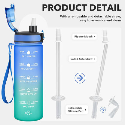 Water Bottle, Leakproof BPA & Toxic Free, Motivational Water Bottle with Times to Drink and Straw, Fitness Sports Water Bottle with Strap for Office, Gym, Outdoor Sports