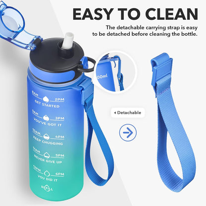 Water Bottle, Leakproof BPA & Toxic Free, Motivational Water Bottle with Times to Drink and Straw, Fitness Sports Water Bottle with Strap for Office, Gym, Outdoor Sports