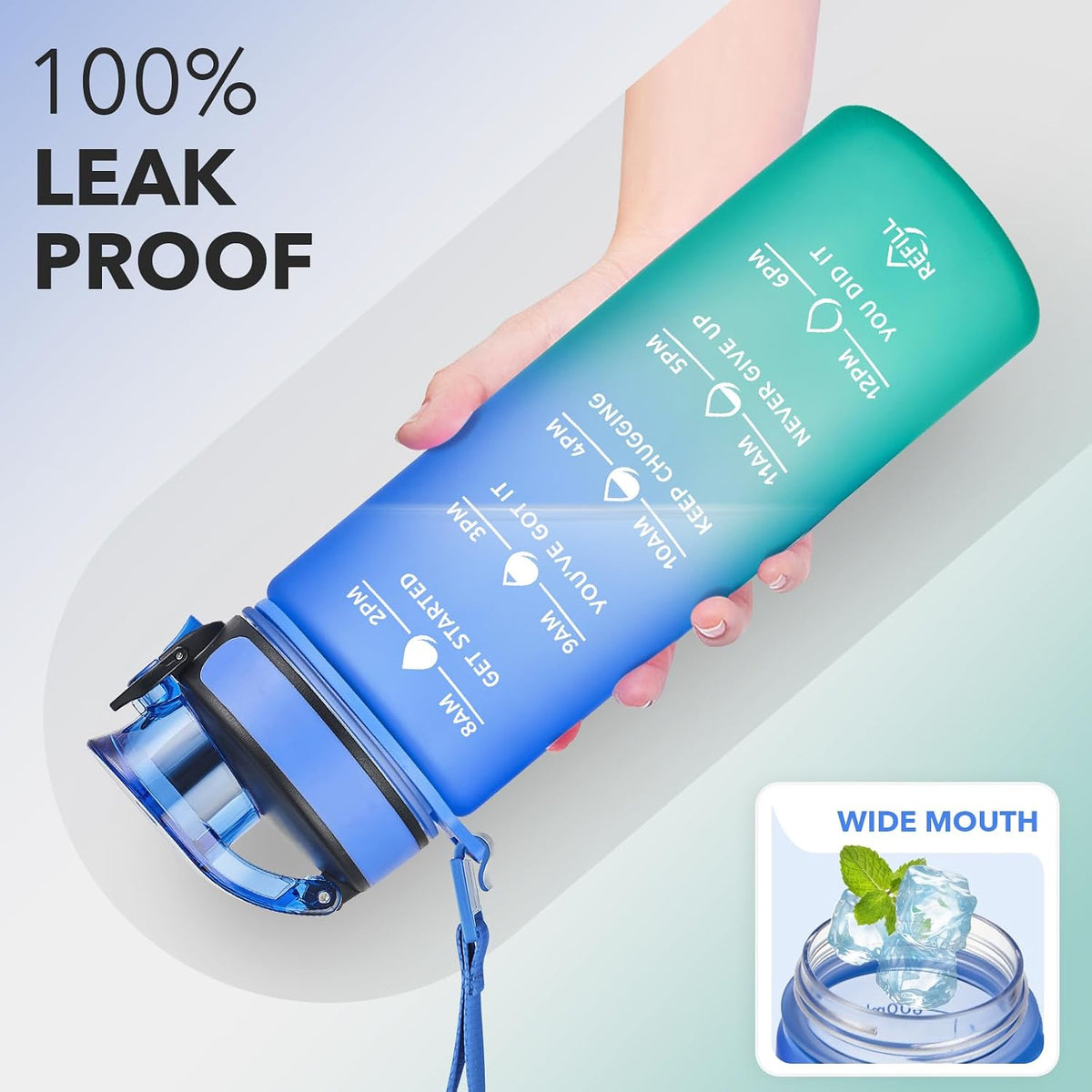 Water Bottle, Leakproof BPA & Toxic Free, Motivational Water Bottle with Times to Drink and Straw, Fitness Sports Water Bottle with Strap for Office, Gym, Outdoor Sports
