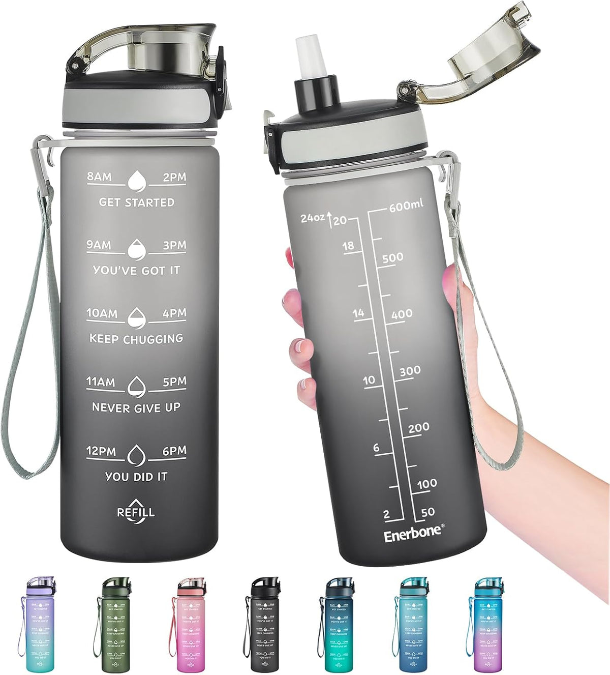 Water Bottle, Leakproof BPA & Toxic Free, Motivational Water Bottle with Times to Drink and Straw, Fitness Sports Water Bottle with Strap for Office, Gym, Outdoor Sports
