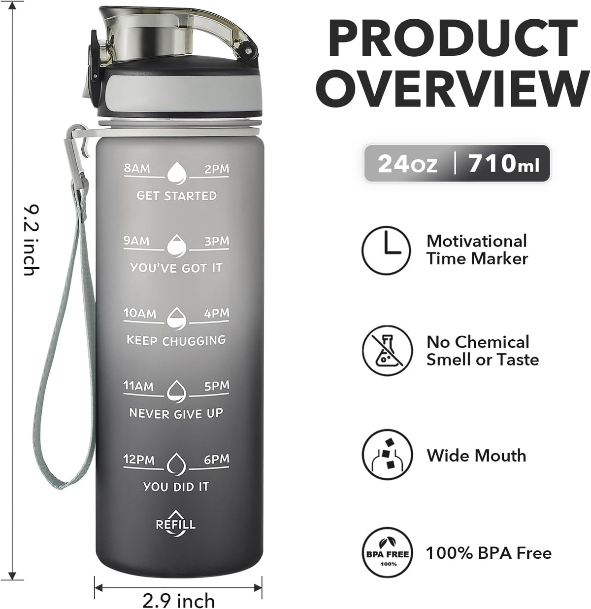 Water Bottle, Leakproof BPA & Toxic Free, Motivational Water Bottle with Times to Drink and Straw, Fitness Sports Water Bottle with Strap for Office, Gym, Outdoor Sports