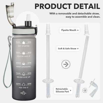 Water Bottle, Leakproof BPA & Toxic Free, Motivational Water Bottle with Times to Drink and Straw, Fitness Sports Water Bottle with Strap for Office, Gym, Outdoor Sports