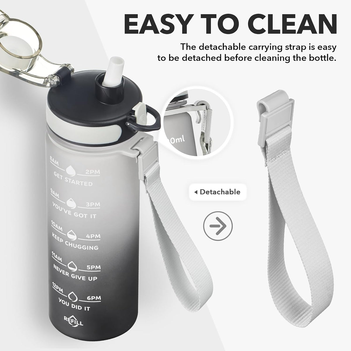 Water Bottle, Leakproof BPA & Toxic Free, Motivational Water Bottle with Times to Drink and Straw, Fitness Sports Water Bottle with Strap for Office, Gym, Outdoor Sports