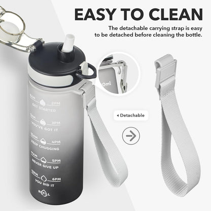 Water Bottle, Leakproof BPA & Toxic Free, Motivational Water Bottle with Times to Drink and Straw, Fitness Sports Water Bottle with Strap for Office, Gym, Outdoor Sports