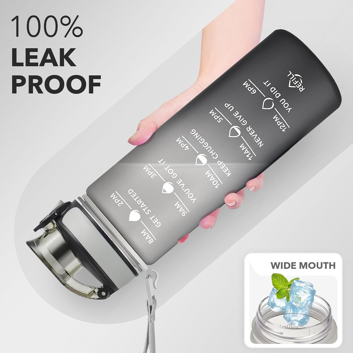 Water Bottle, Leakproof BPA & Toxic Free, Motivational Water Bottle with Times to Drink and Straw, Fitness Sports Water Bottle with Strap for Office, Gym, Outdoor Sports