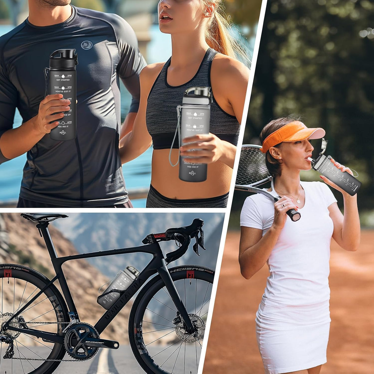 Water Bottle, Leakproof BPA & Toxic Free, Motivational Water Bottle with Times to Drink and Straw, Fitness Sports Water Bottle with Strap for Office, Gym, Outdoor Sports