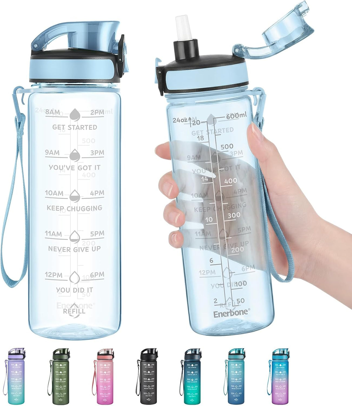Water Bottle, Leakproof BPA & Toxic Free, Motivational Water Bottle with Times to Drink and Straw, Fitness Sports Water Bottle with Strap for Office, Gym, Outdoor Sports
