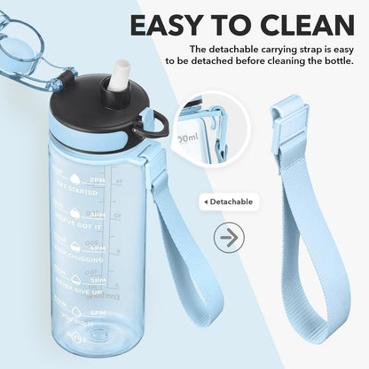 Water Bottle, Leakproof BPA & Toxic Free, Motivational Water Bottle with Times to Drink and Straw, Fitness Sports Water Bottle with Strap for Office, Gym, Outdoor Sports