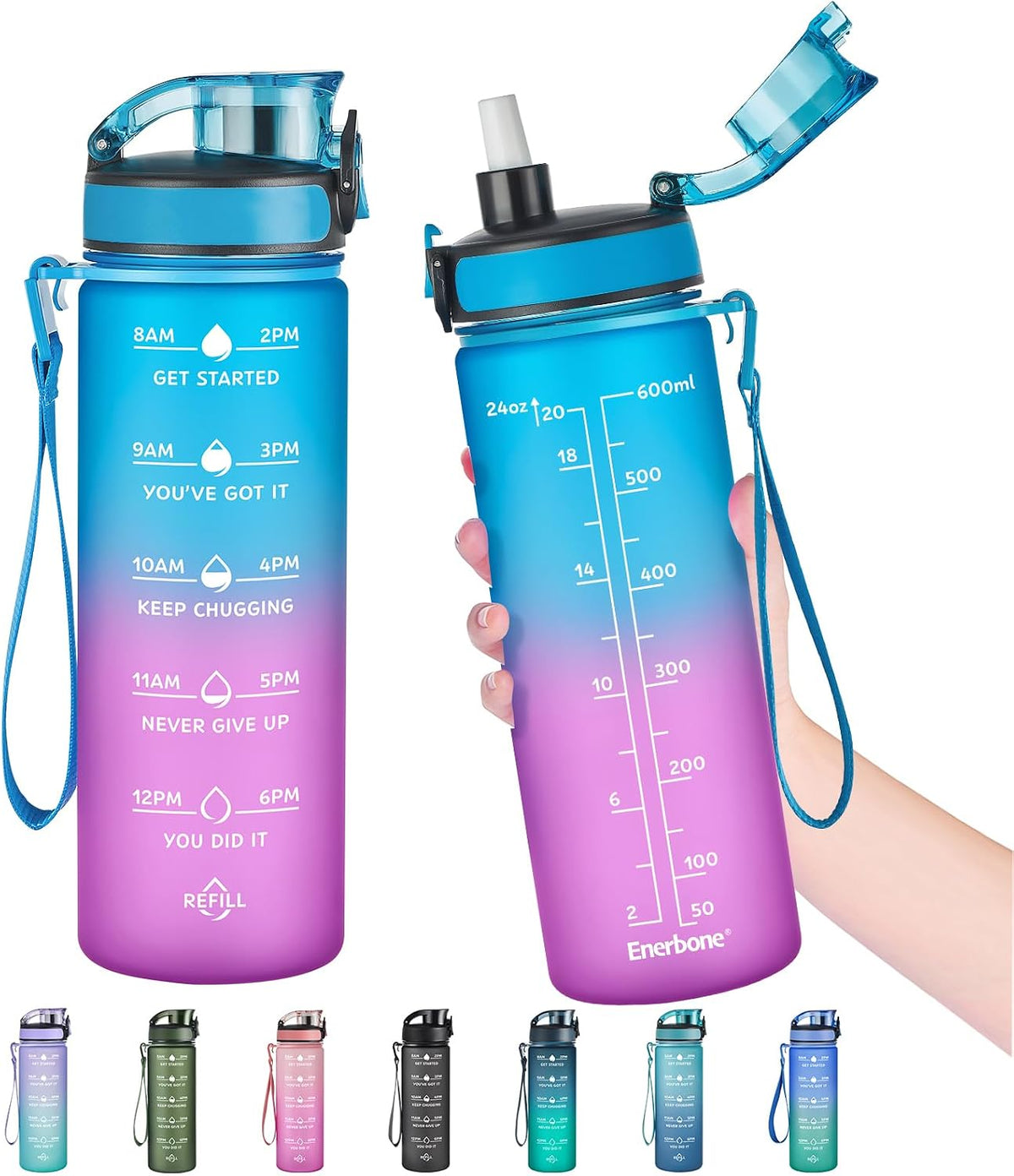 Water Bottle, Leakproof BPA & Toxic Free, Motivational Water Bottle with Times to Drink and Straw, Fitness Sports Water Bottle with Strap for Office, Gym, Outdoor Sports