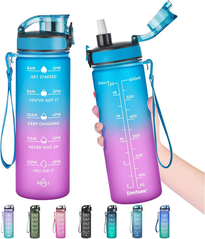 Water Bottle, Leakproof BPA & Toxic Free, Motivational Water Bottle with Times to Drink and Straw, Fitness Sports Water Bottle with Strap for Office, Gym, Outdoor Sports
