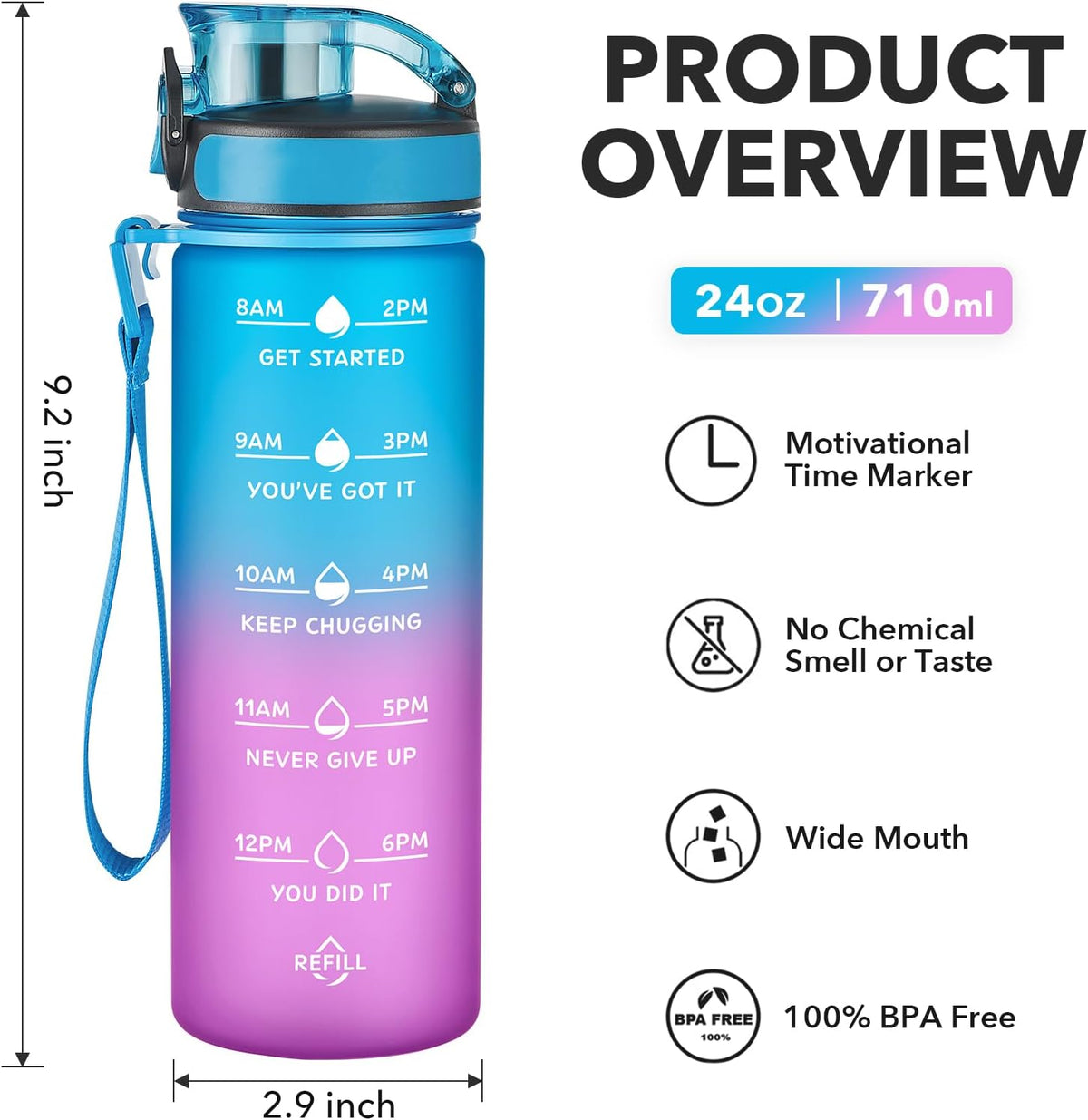 Water Bottle, Leakproof BPA & Toxic Free, Motivational Water Bottle with Times to Drink and Straw, Fitness Sports Water Bottle with Strap for Office, Gym, Outdoor Sports