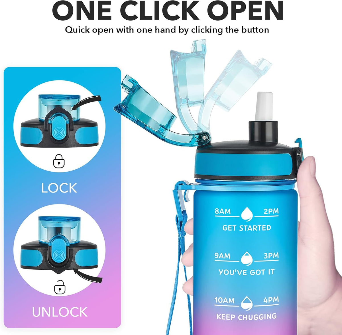 Water Bottle, Leakproof BPA & Toxic Free, Motivational Water Bottle with Times to Drink and Straw, Fitness Sports Water Bottle with Strap for Office, Gym, Outdoor Sports