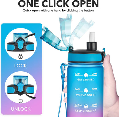 Water Bottle, Leakproof BPA & Toxic Free, Motivational Water Bottle with Times to Drink and Straw, Fitness Sports Water Bottle with Strap for Office, Gym, Outdoor Sports