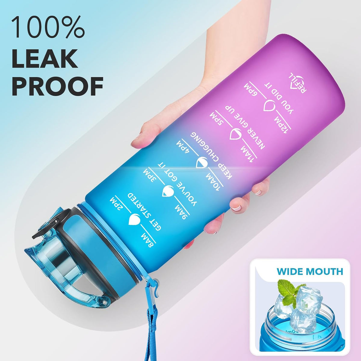 Water Bottle, Leakproof BPA & Toxic Free, Motivational Water Bottle with Times to Drink and Straw, Fitness Sports Water Bottle with Strap for Office, Gym, Outdoor Sports