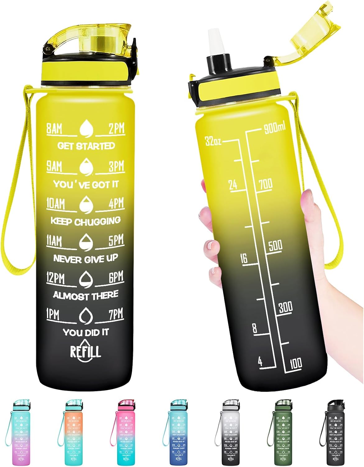 Water Bottle, Leakproof BPA & Toxic Free, Motivational Water Bottle with Times to Drink and Straw, Fitness Sports Water Bottle with Strap for Office, Gym, Outdoor Sports