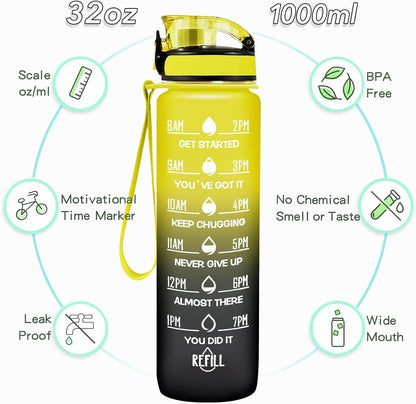 Water Bottle, Leakproof BPA & Toxic Free, Motivational Water Bottle with Times to Drink and Straw, Fitness Sports Water Bottle with Strap for Office, Gym, Outdoor Sports