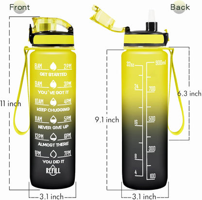 Water Bottle, Leakproof BPA & Toxic Free, Motivational Water Bottle with Times to Drink and Straw, Fitness Sports Water Bottle with Strap for Office, Gym, Outdoor Sports