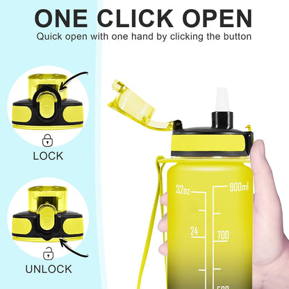Water Bottle, Leakproof BPA & Toxic Free, Motivational Water Bottle with Times to Drink and Straw, Fitness Sports Water Bottle with Strap for Office, Gym, Outdoor Sports