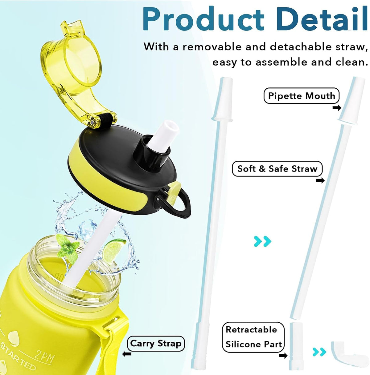 Water Bottle, Leakproof BPA & Toxic Free, Motivational Water Bottle with Times to Drink and Straw, Fitness Sports Water Bottle with Strap for Office, Gym, Outdoor Sports